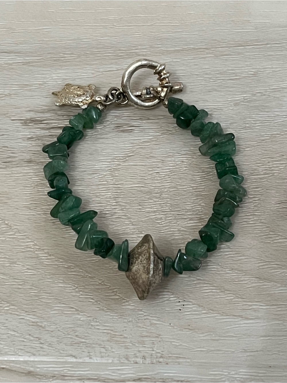 VTG ELENA CANTACUZENE Paris Green Aventurine Chip & Silver Metal Bead Bracelet
